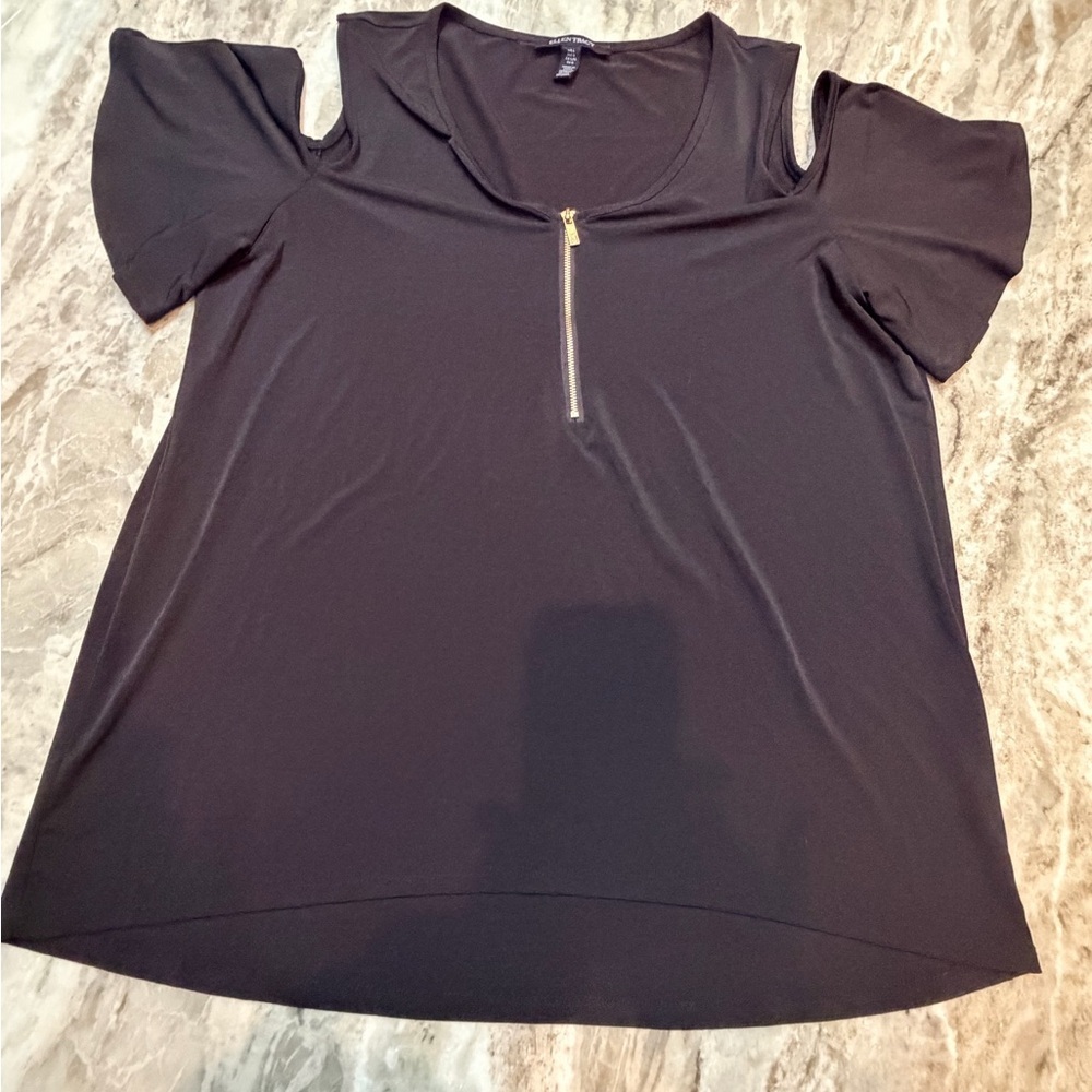 Ellen Tracy Large Black Cold Shoulder Half Zip Blouse Short Sleeve